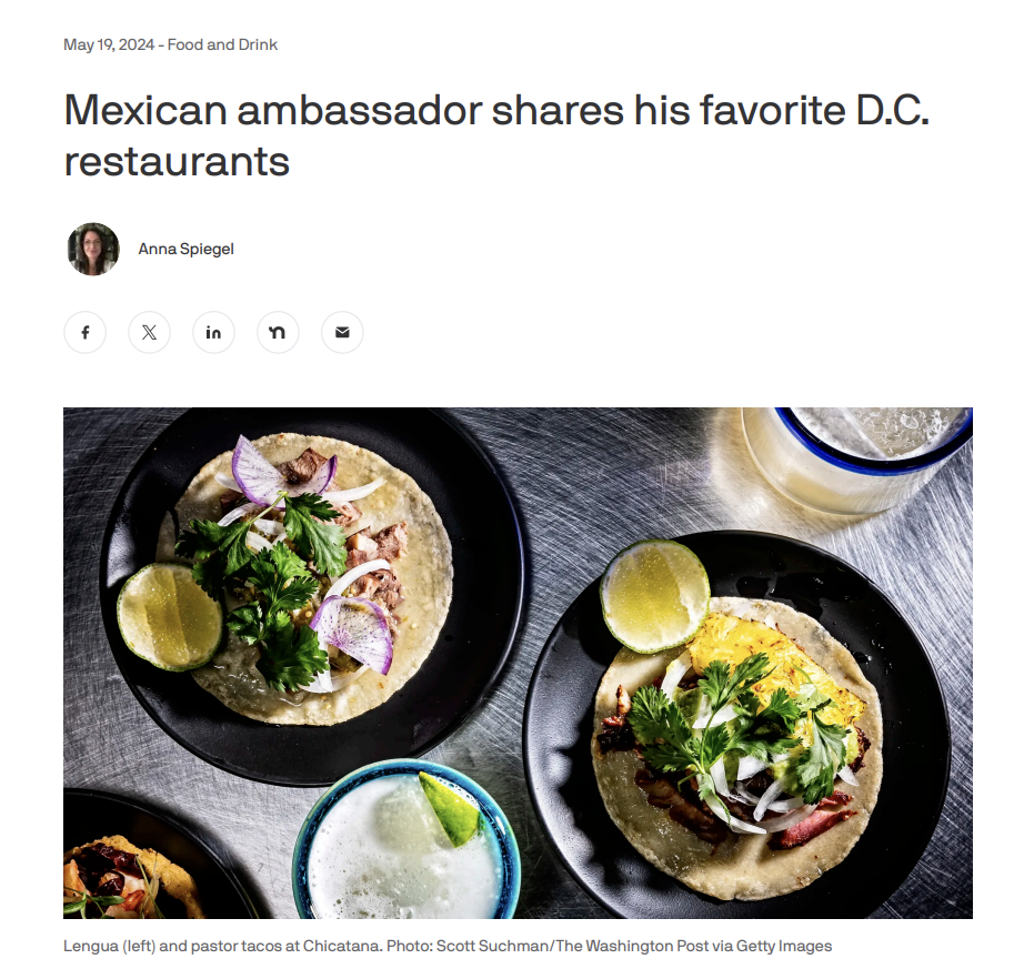 Chicatana featured as a top Mexican restaurant in Washington, D.C., as recommended by the Mexican ambassador.